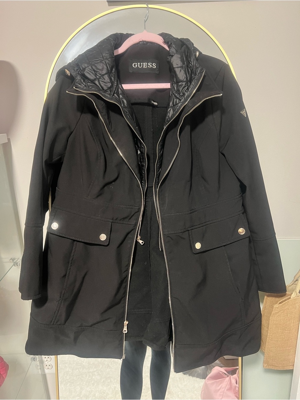 GUESS Black Quilted-Trim Hooded Puffer Coat